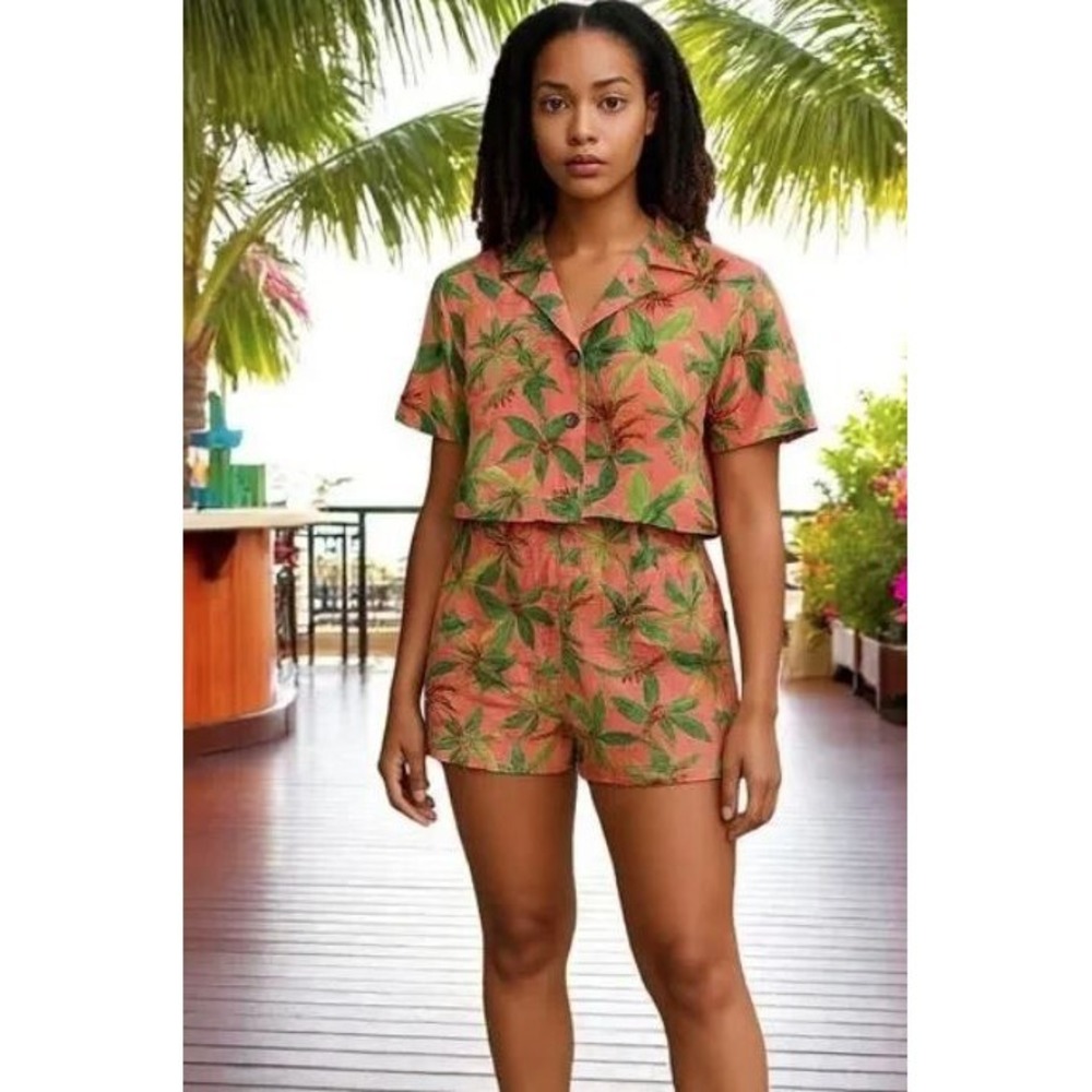 Monteau LA Women's Linen Blend Tropical Summer Print Shirt & Short Set Small